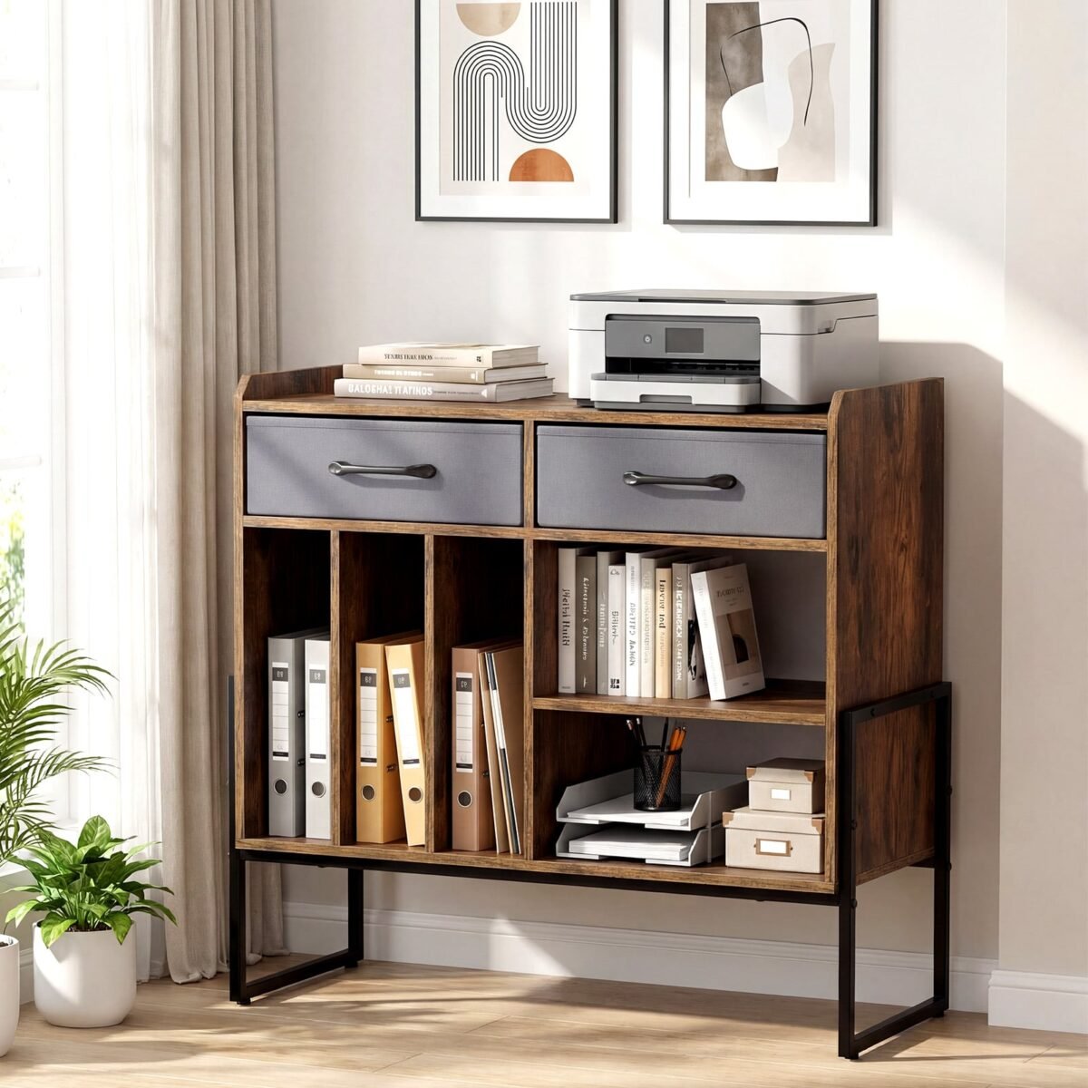 Vinilinių plokštelių staliukas su integruotomis įkrovimo jungtimis ir stalčiais (Ruda) – Paveikslėlis 3