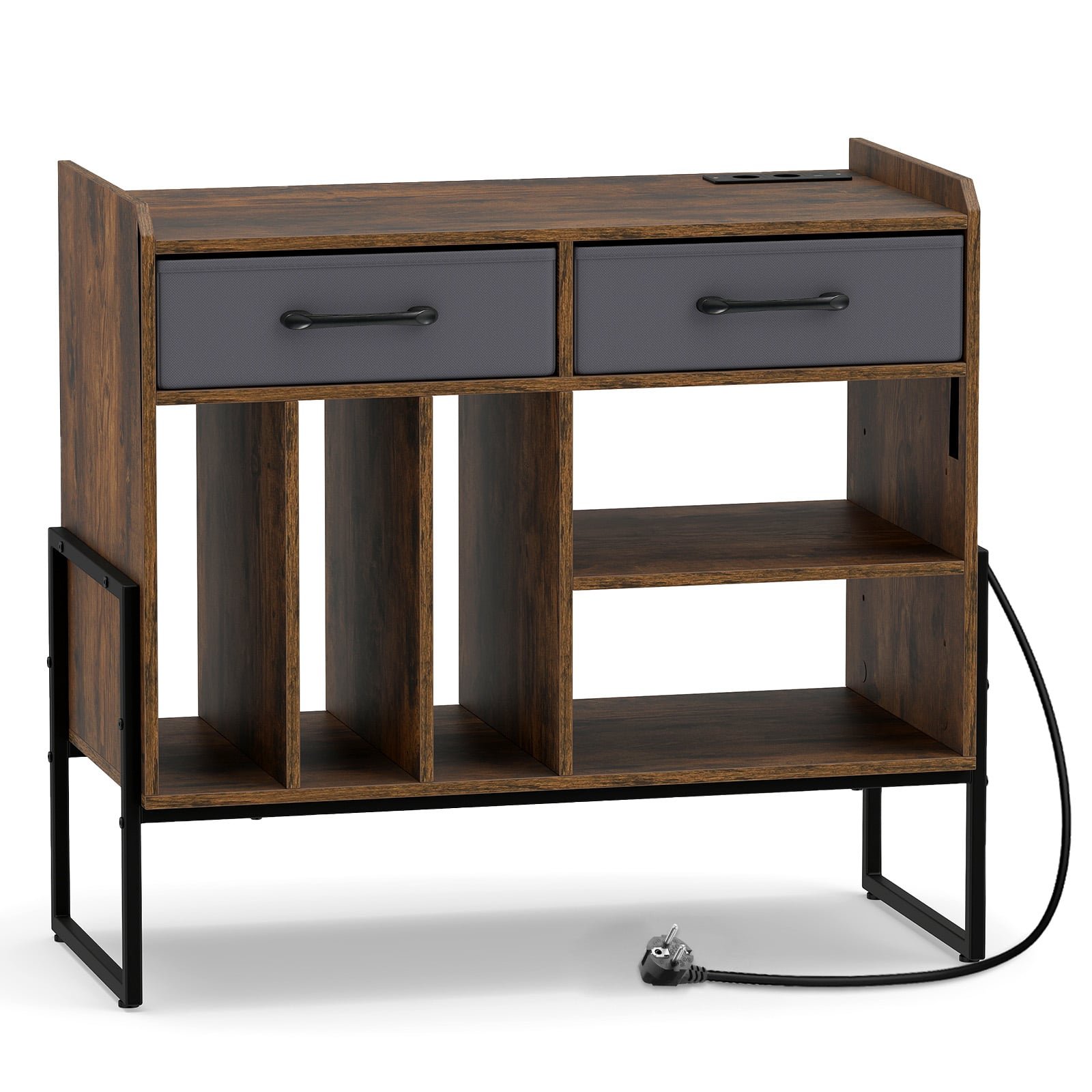 Vinilinių plokštelių stovas su integruotomis įkrovimo jungtimis ir stalčiais (Ruda)