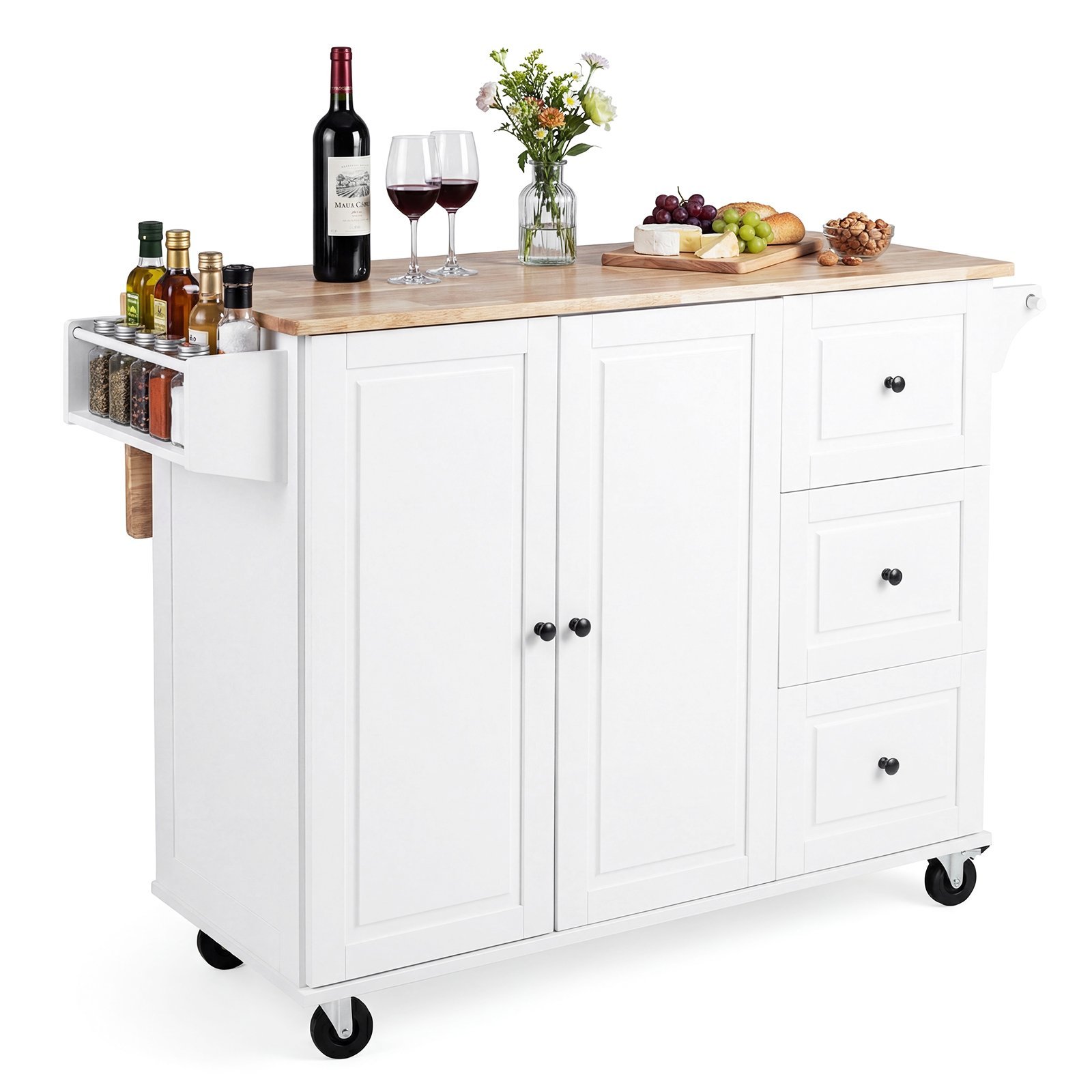 Virtuvine-sala-vezimelis-su-isskleidziamu-stalvirsiu-ir-ratukais-Balta-1 Virtuvinė sala-vežimėlis su išskleidžiamu stalviršiu ir ratukais (Balta) – Paveikslėlis 1