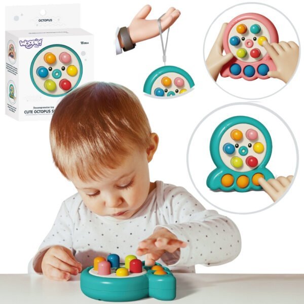 Žalias aštuonkojis vikrumo žaidimas su iššokančiais kurmiais ir virvele