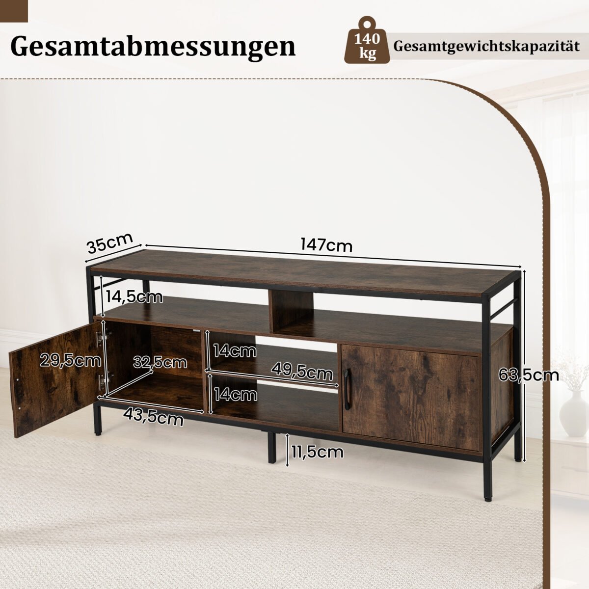 Žema TV spintelė-staliukas 65 colių televizoriams su 2 spintelėmis ir 4 atviromis lentynomis (Kaimiška ruda) – Paveikslėlis 2