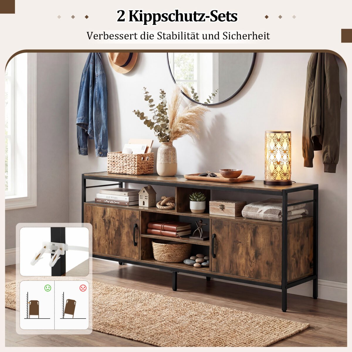 Žema TV spintelė-staliukas 65 colių televizoriams su 2 spintelėmis ir 4 atviromis lentynomis (Kaimiška ruda) – Paveikslėlis 3