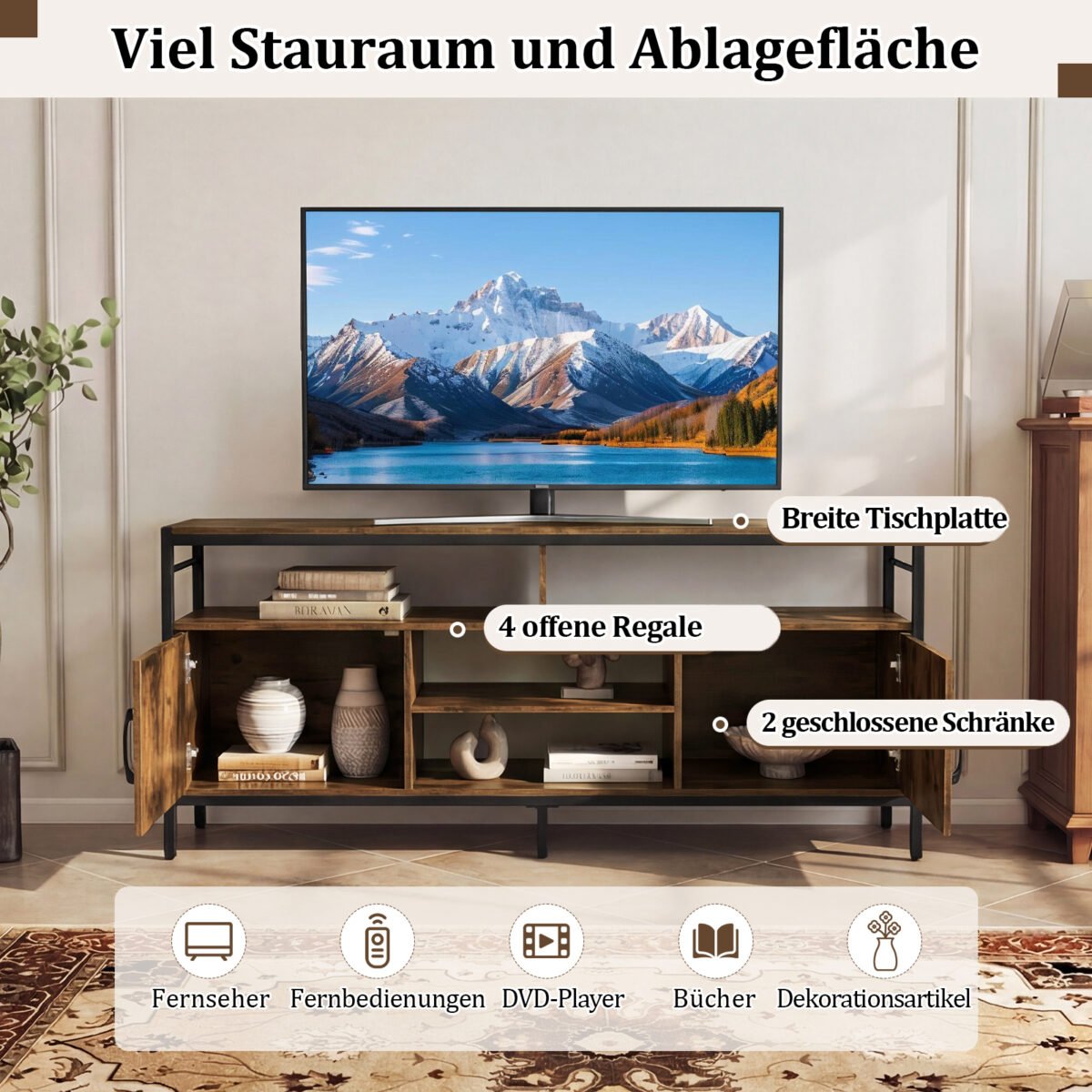Žema TV spintelė-staliukas 65 colių televizoriams su 2 spintelėmis ir 4 atviromis lentynomis (Kaimiška ruda) – Paveikslėlis 4