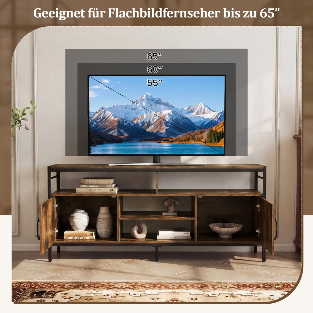 Žema TV spintelė-staliukas 65 colių televizoriams su 2 spintelėmis ir 4 atviromis lentynomis (Kaimiška ruda) – Paveikslėlis 5