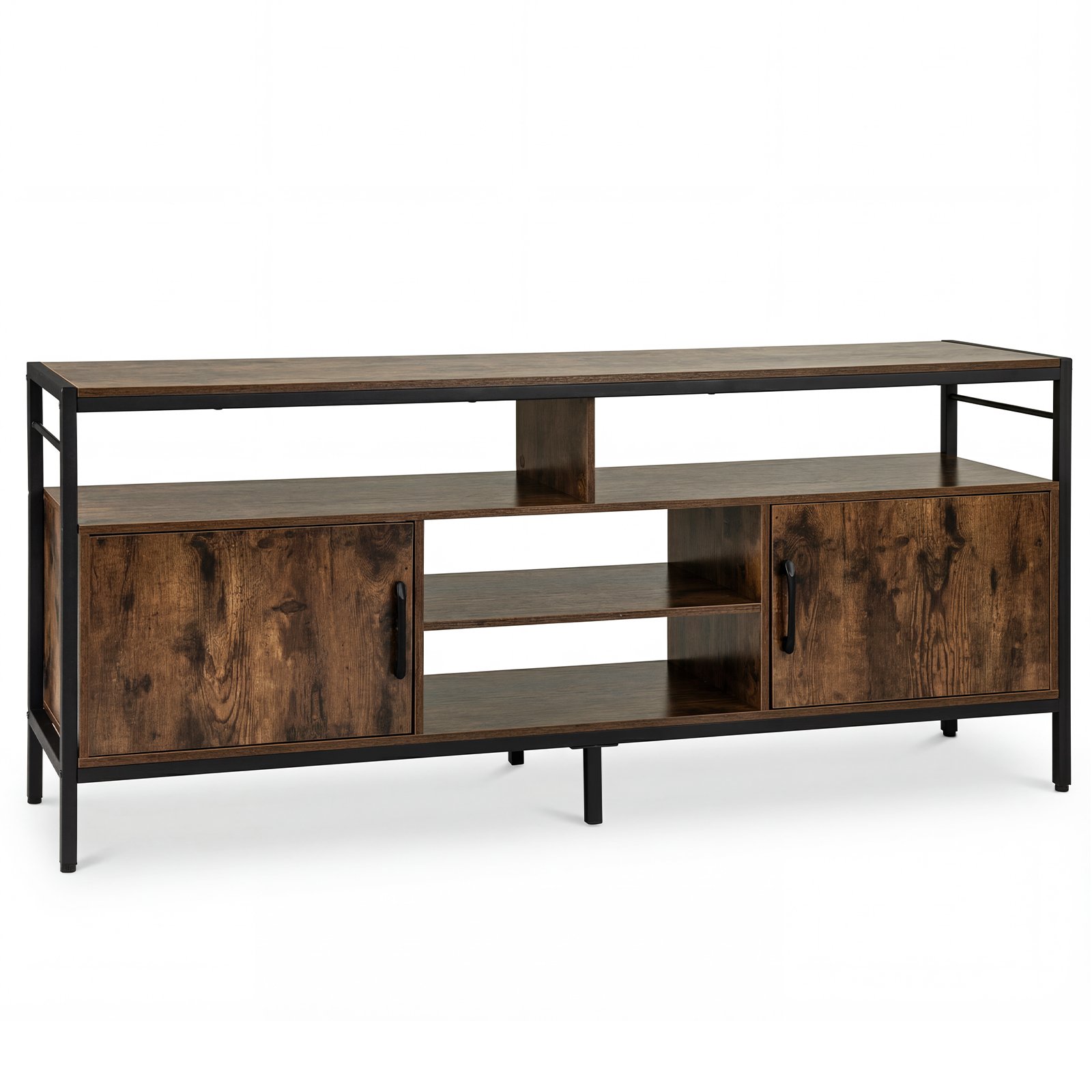 Žema TV spintelė-staliukas 65 colių televizoriams su 2 spintelėmis ir 4 atviromis lentynomis (Kaimiška ruda)