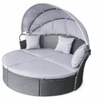 Apvali rataninė poilsio lova su ištraukiamu stogeliu (Pilka)