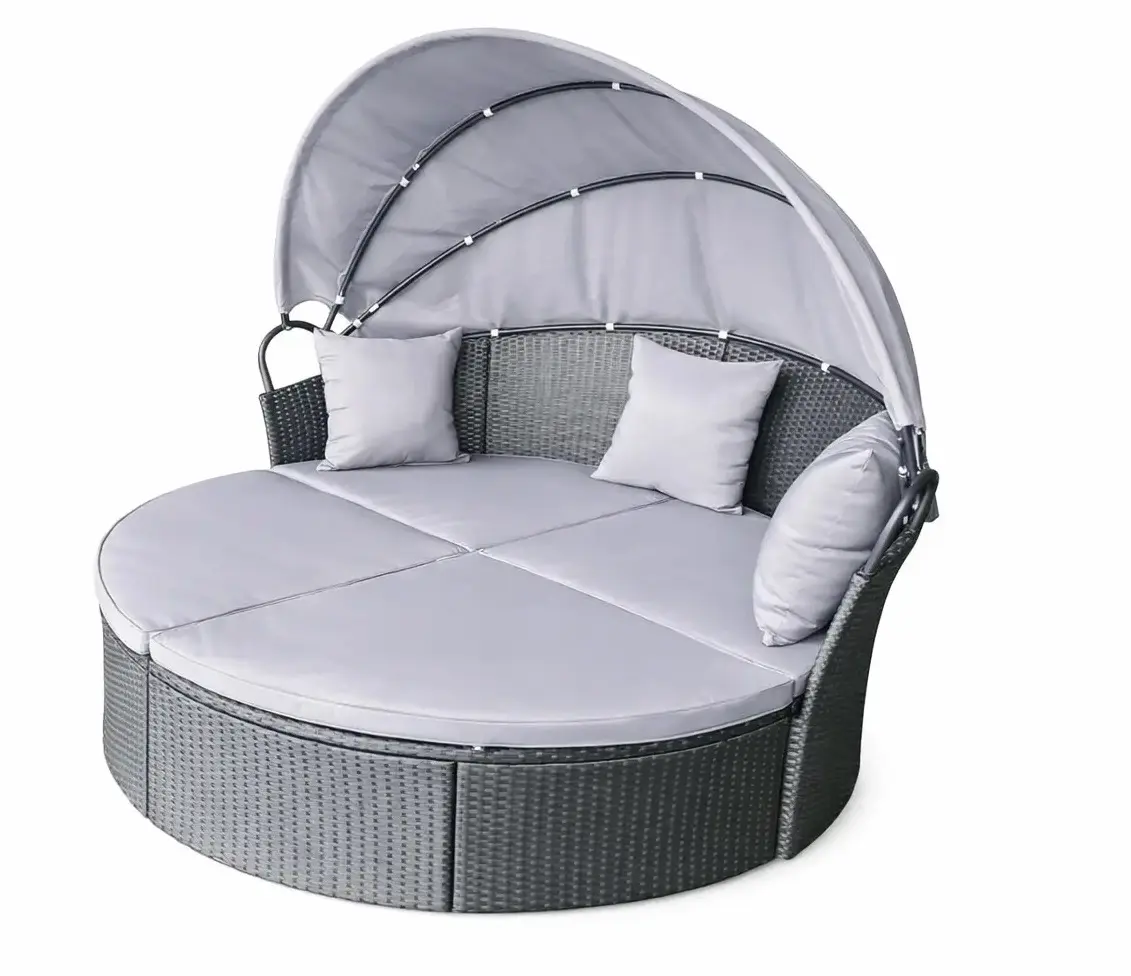 apvali-ratanine-poilsio-lova-su-istraukiamu-stogeliu-pilka Apvali rataninė poilsio lova su ištraukiamu stogeliu (Pilka)