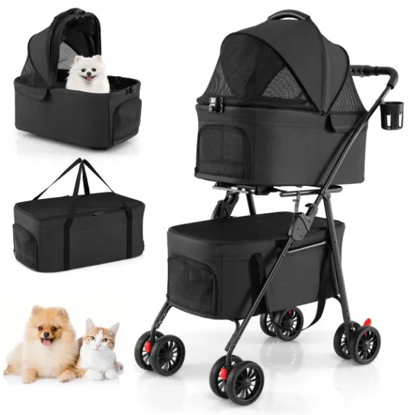Dvigubas naminių gyvūnėlių vežimėlis 3-in-1 su nuimamais krepšiais (Juoda)