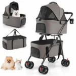 Dvigubas sulankstomas 3-in-1 gvūnų vežimėlis su išimamais nešikliais (Pilka)