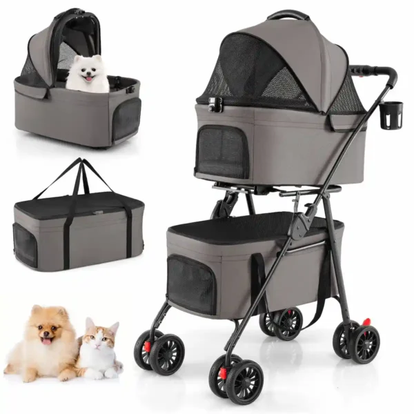 Dvigubas sulankstomas 3-in-1 gvūnų vežimėlis su išimamais nešikliais (Pilka)