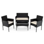 Elegantiškas 4 dalių ratano sodo baldų komplektas su grūdinto stiklo stalu (Smėlio)