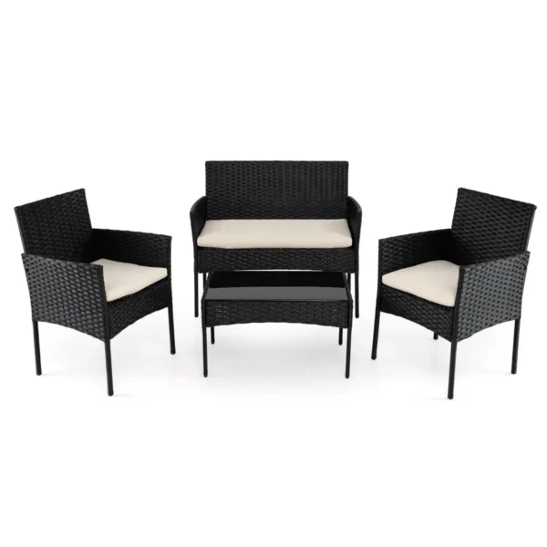 Elegantiškas 4 dalių ratano sodo baldų komplektas su grūdinto stiklo stalu (Smėlio)