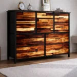 Komoda su 11 medžiaginių stalčių metaliniu rėmu ir medienos imitacijos paviršiumi (Ruda + Juoda)