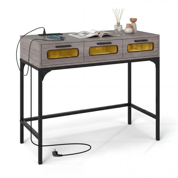 Konsolinis staliukas su LED apšvietimu įkrovimo stotele ir stalčiais (Pilka-juoda)