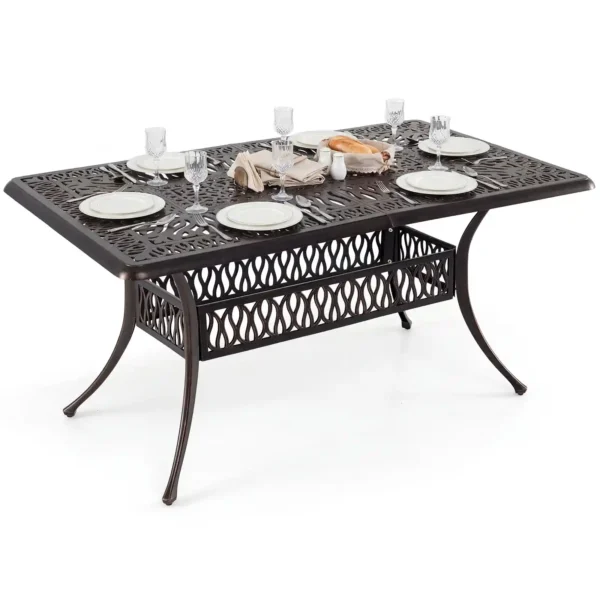 Kvadratinis retro stiliaus lieto aliuminio sodo stalas su anga skėčiui ir reguliuojamomis kojelėmis (Bronzinė)