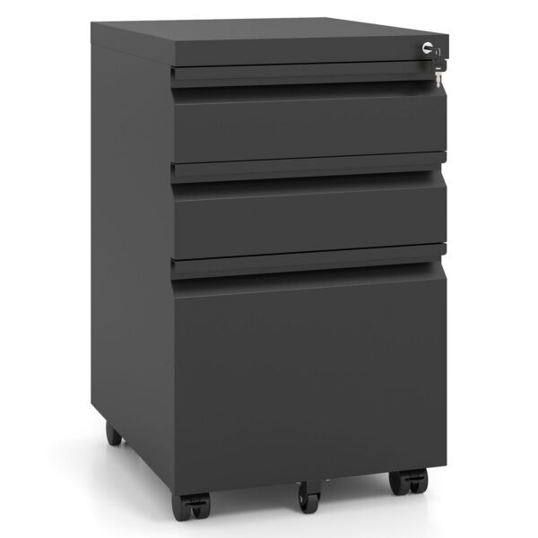 Metalinė rakinama mobili dokumentų spintelė su 3 stalčiais (Juoda)