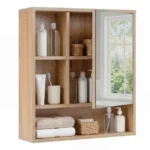 Pakabinama veidrodinė vonios spintelė su atviromis ir reguliuojamomis lentynomis (Natūrali)