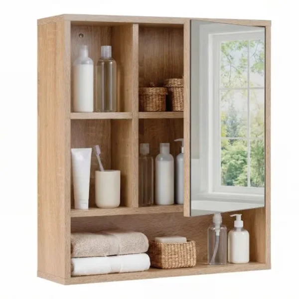 Pakabinama veidrodinė vonios spintelė su atviromis ir reguliuojamomis lentynomis (Natūrali)