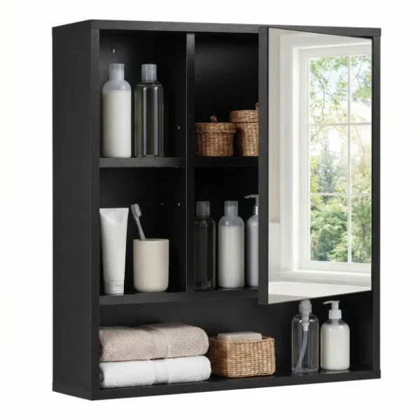 Pakabinama veidrodinė vonios spintelė su reguliuojamomis lentynomis (Juoda)