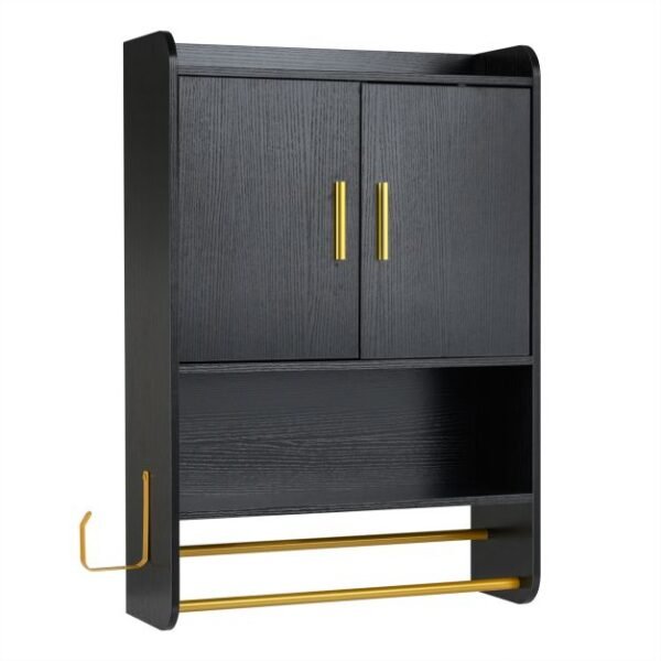 Pakabinama vonios spintelė su dvejomis durelėmis ir reguliuojamomis lentynomis (Juoda)