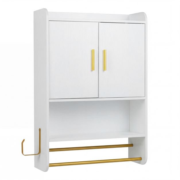 pakabinama-vonios-spintele-su-dviem-durelemis-ir-reguliuojamomis-lentynomis-balta Pakabinama vonios spintelė su dviem durelėmis ir reguliuojamomis lentynomis (Balta)