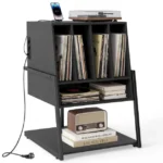 Plokštelių grotuvo stovas su integruota įkrovimo stotele ir vinilinių plokštelių daiktadėže (Juoda)