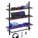 Pramoninio stiliaus 3 pakopų sieninė lentyna su LED apšvietimu ir S formos kabliais (Rūdžių ruda)