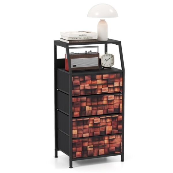 Pramoninio stiliaus naktinis staliukas su 4 medžiaginiais stalčiais ir atviru skyriumi (Ruda + Juoda)