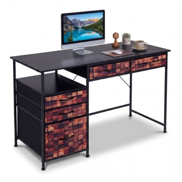 Rašomasis stalas su 5 medžiaginiais stalčiais ir atvira lentyna (Kavos)