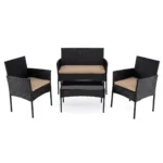 Rataninis sodo baldų komplektas su dviviečiu suoliuku 2 kėdėmis ir stalu (Chaki)