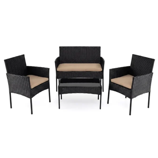 Rataninis sodo baldų komplektas su dviviečiu suoliuku 2 kėdėmis ir stalu (Chaki)