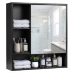 Sieninė spintelė su veidrodinėmis durelėmis ir atviromis lentynomis (Juoda)