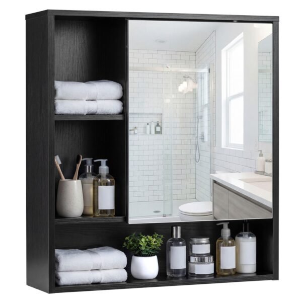 Sieninė spintelė su veidrodinėmis durelėmis ir atviromis lentynomis (Juoda)