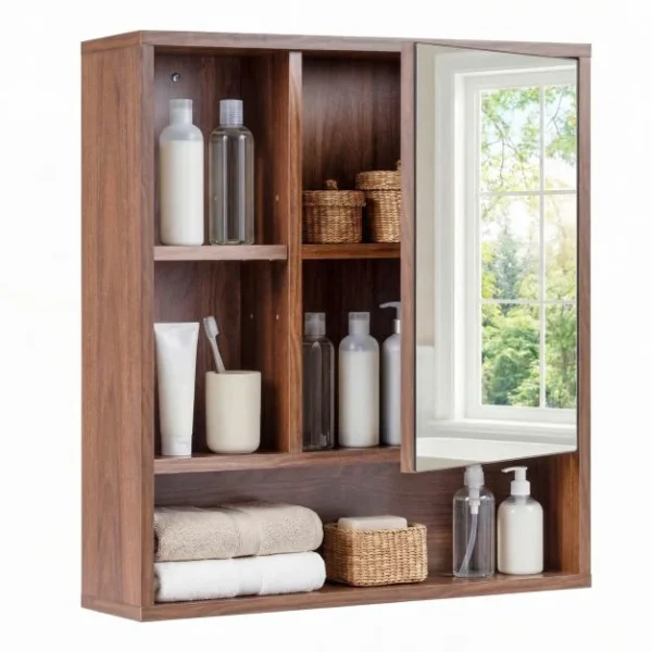 Sieninė veidrodinė spintelė su atviromis ir reguliuojamomis lentynomis (Ruda)