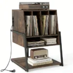 Vinilo grotuvo stovas su integruota įkrovimo stotele (Rustikinė ruda)