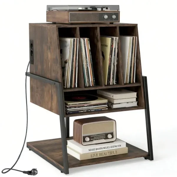 Vinilo grotuvo stovas su integruota įkrovimo stotele (Rustikinė ruda)