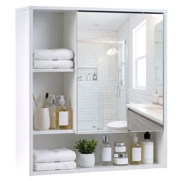 Vonios kambario pakabinama veidrodinė spintelė su atviromis lentynomis (Balta)