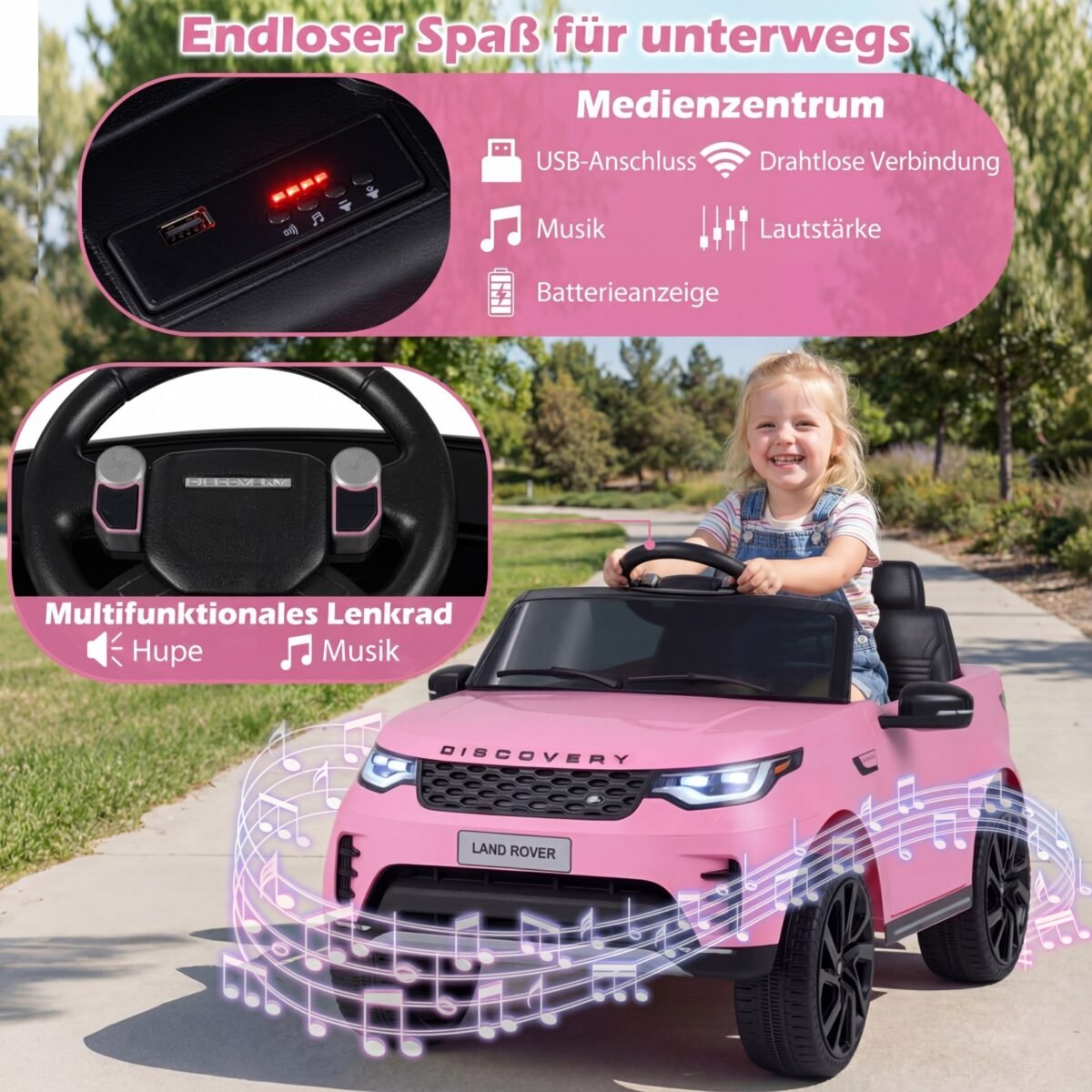 Land Rover licencijuotas elektromobilis vaikams su amortizacija 12V (Rožinė) – Paveikslėlis 4