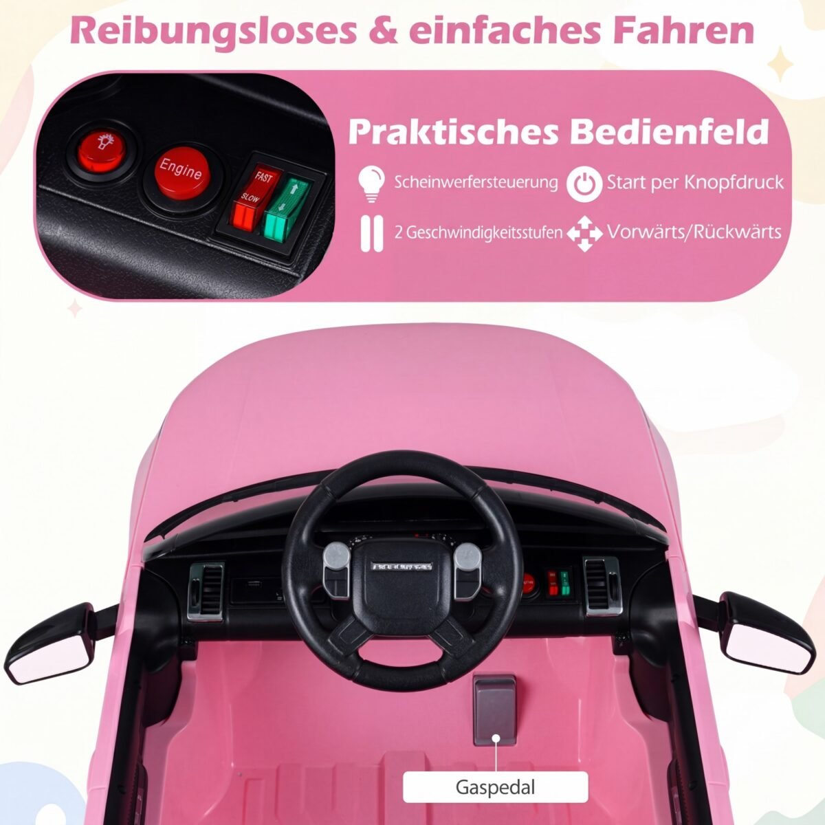 Land Rover licencijuotas elektromobilis vaikams su amortizacija 12V (Rožinė) – Paveikslėlis 5