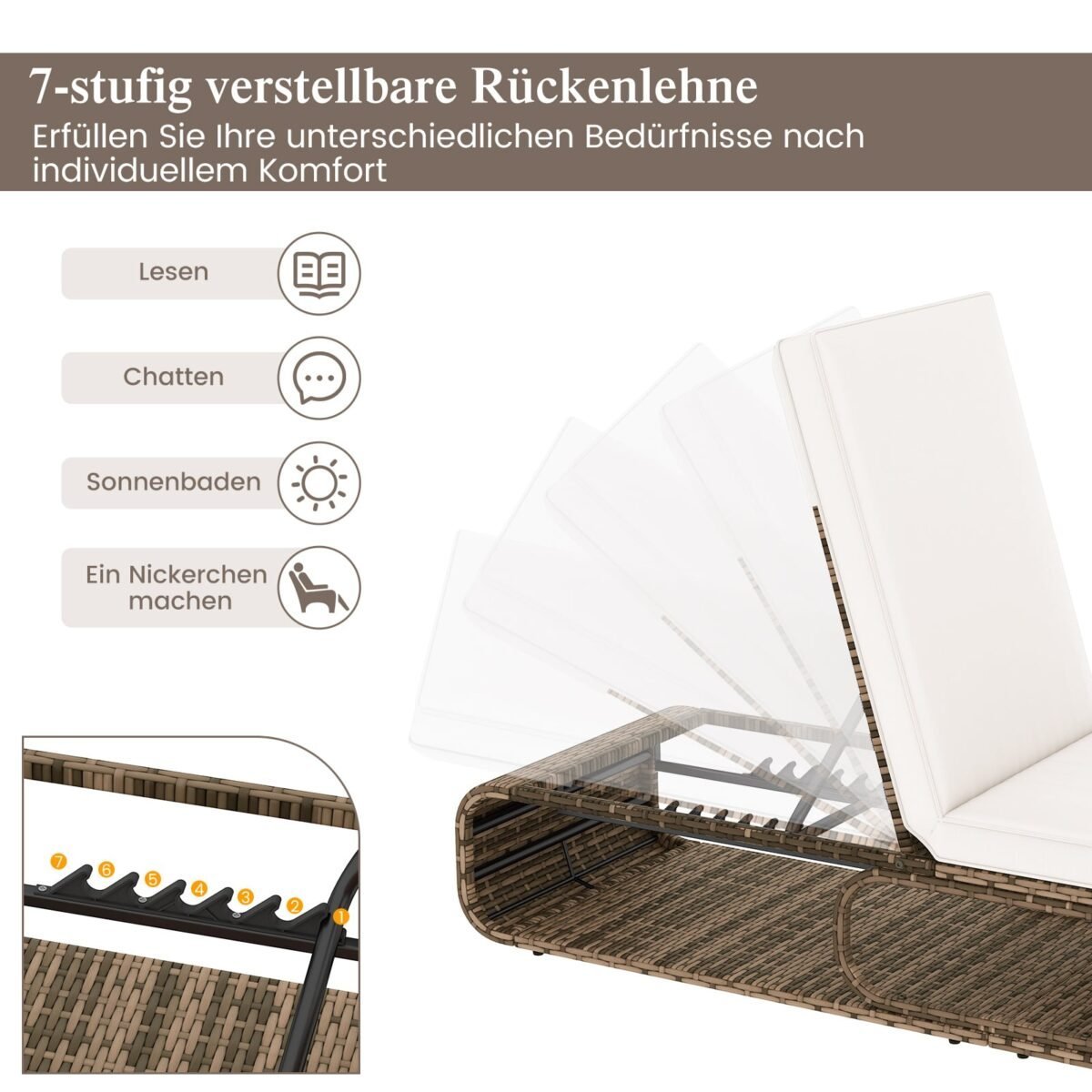 Rataniniai lauko gultai su reguliuojamu atlošu ir pagalvėlėmis 2 vnt (Smėlio) – Paveikslėlis 3