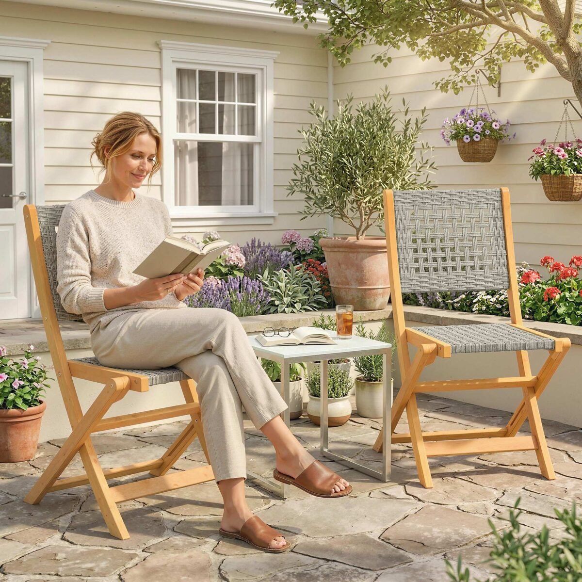 2 vnt. sulankstomų sodo kėdžių su akaciniu rėmu ir orui pralaidžia PE ratano sėdyne – Paveikslėlis 2