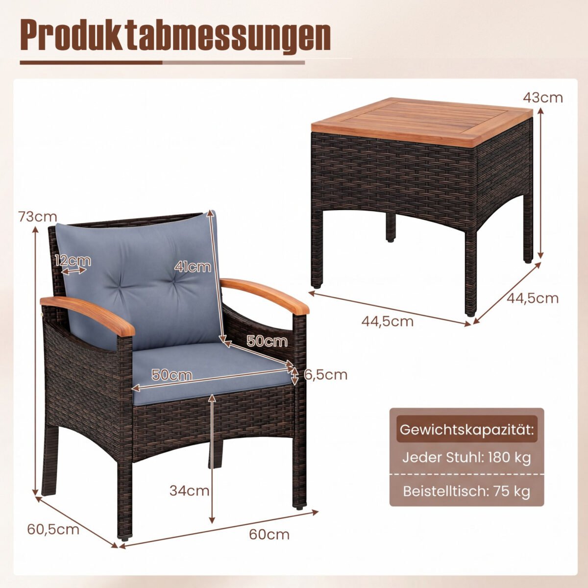 Ratano lauko baldų komplektas su krėslais ir šoniniu staliuku 3 dalių (Pilka) – Paveikslėlis 2