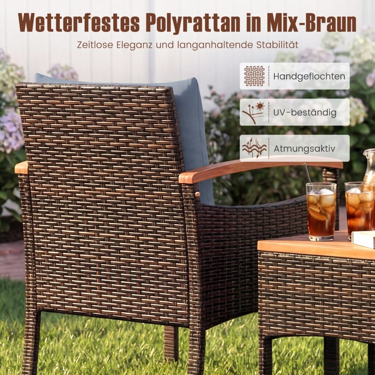 Ratano lauko baldų komplektas su krėslais ir šoniniu staliuku 3 dalių (Pilka) – Paveikslėlis 3