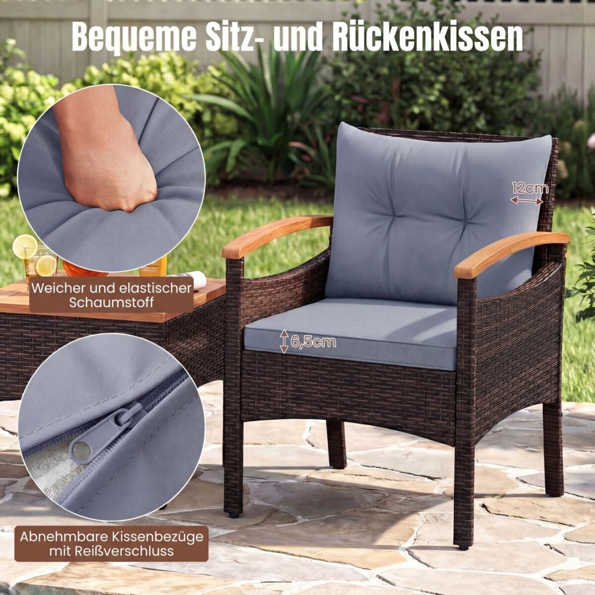 Ratano lauko baldų komplektas su krėslais ir šoniniu staliuku 3 dalių (Pilka) – Paveikslėlis 4