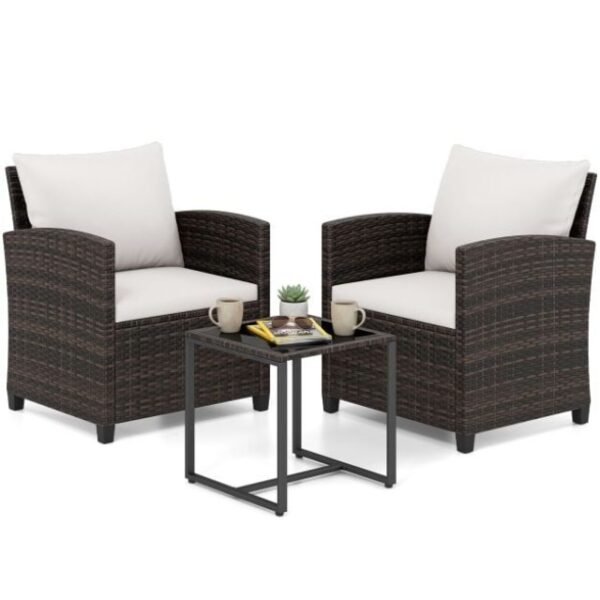 3 dalių lauko baldų komplektas su stikliniu staliuku (Smėlio)