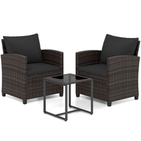 3 dalių lauko baldų komplektas su stiklo staliuku ir metaliniu rėmu (Ruda + Juoda)