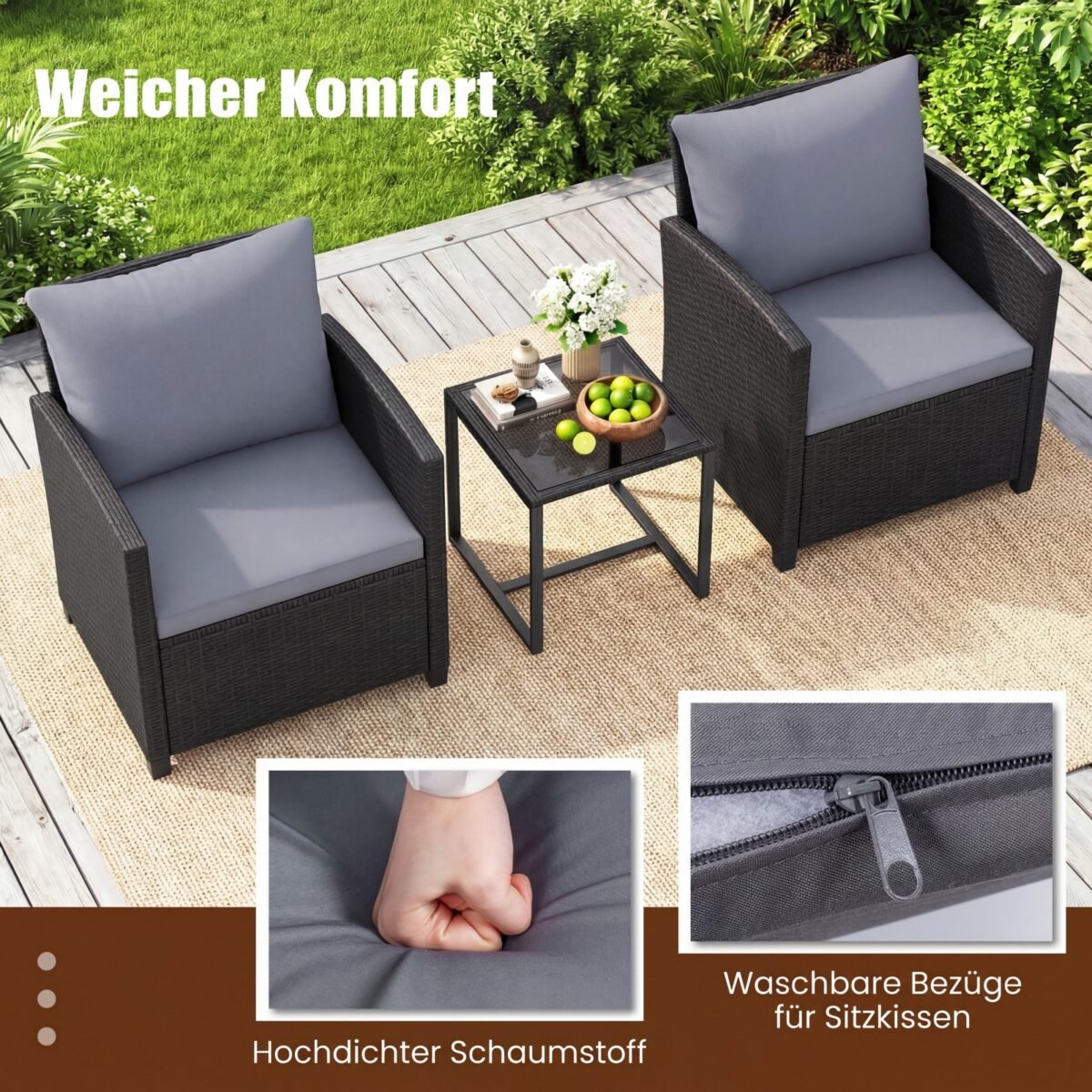 3 dalių ratano sodo baldų komplektas su 2 kėdėmis ir stiklo staliuku (Pilka) – Paveikslėlis 5