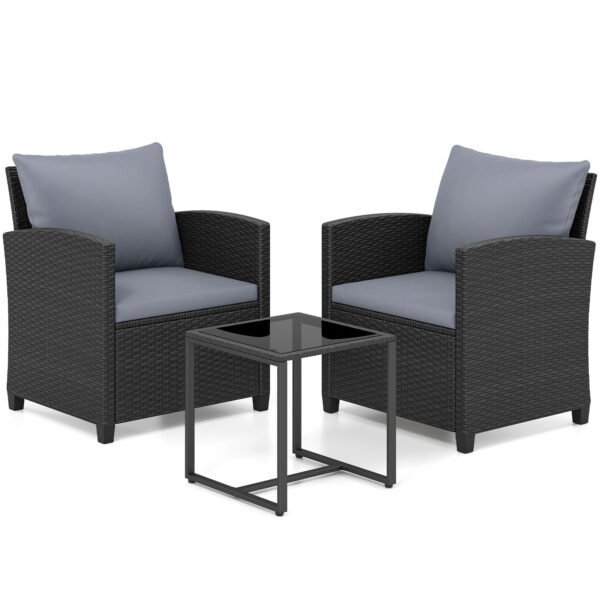 3 dalių ratano sodo baldų komplektas su 2 kėdėmis ir stiklo staliuku (Pilka)