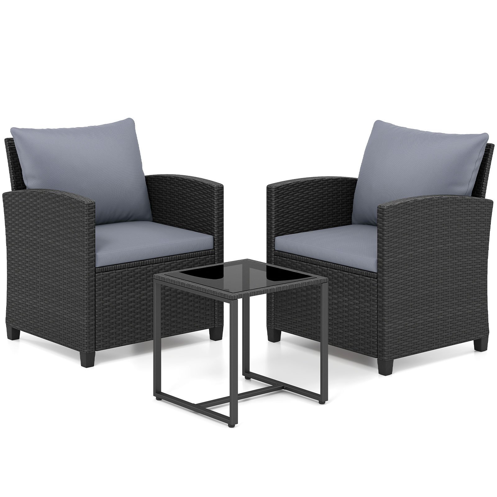 3 dalių ratano sodo baldų komplektas su 2 kėdėmis ir stiklo staliuku (Pilka)