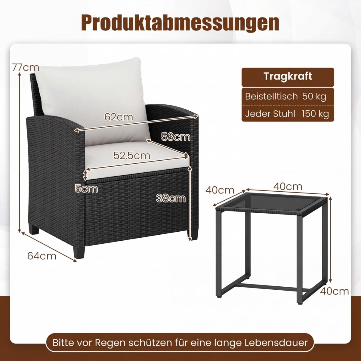 3 dalių ratano sodo baldų komplektas su stiklo staliuku ir minkštomis pagalvėlėmis (Smėlio) – Paveikslėlis 2